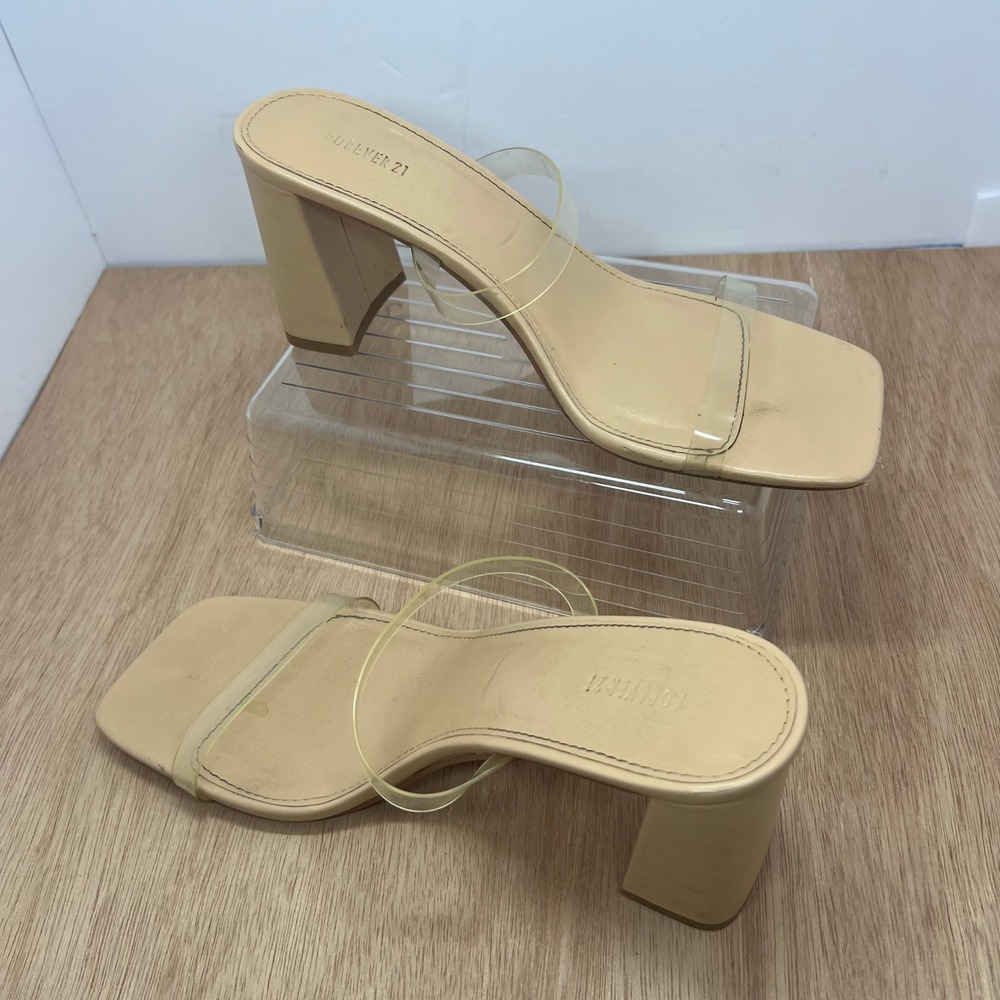 Forever 21 Block Heel Sandals Women Size 9 Beige Clear‎ Straps Square Toe Chic